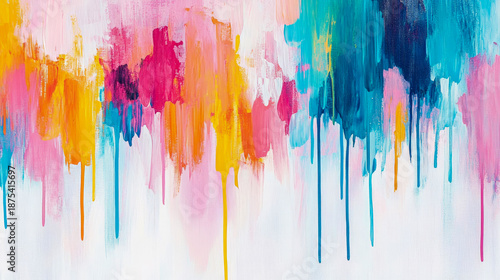 Vibrant Abstract Painting with Bold Vertical Brushstrokes and Colorful Paint Drips on White Canvas, Modern Art for Contemporary Decor and Spaces