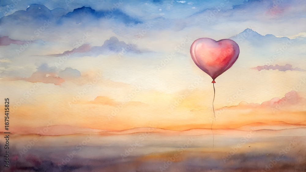 Fototapeta premium Heart Shaped Balloon Floating in a Watercolor Sunset Sky Over Calm Water