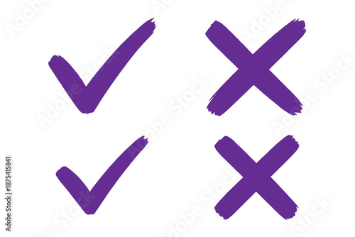 Hand drawn check mark icon set. tick, cross signs for checkbox, checklist, v and x in sketch doodle brush marker checklist symbol. grunge brush style vector illustration