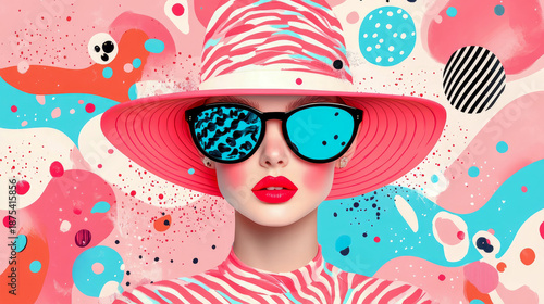 Vibrant abstract pop art portrait of stylish woman with striking makeup, wearing wide-brimmed hat and bold sunglasses, set against playful background of swirling shapes and confetti, embodying whimsic