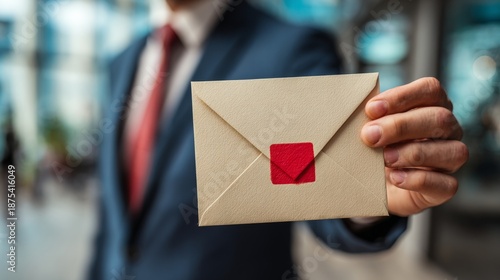 Businessman Holding Envelope with Red Stamp.