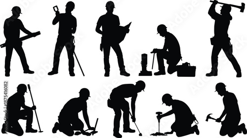 Construction worker silhouettes, black icons, active poses, tool usage, manual labor, jobsite activity, hard hats, kneeling, inspecting, hammering