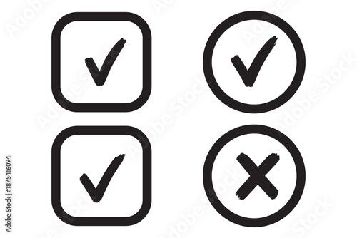 Check tick mark icon set. Cross box x check mark checkbox v list vector draw hand drawn sketch doodle brush marker checklist symbol wrong right circle. Vector Illustration