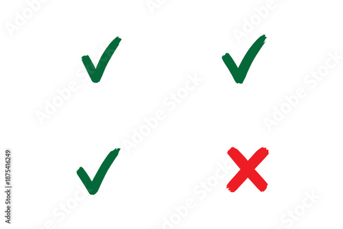 Check tick mark icon set. Cross box x check mark checkbox v list vector draw hand drawn sketch doodle brush marker checklist symbol wrong right circle. Vector Illustration