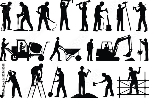 Construction worker silhouettes, black icons, diverse tasks, hard hats, tool usage, manual labor, site activity, equipment operation, scaffolding, digging