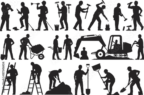 Construction worker silhouettes, black icons, tool usage, manual labor, site activity, hard hats, equipment operation, ladder climbing, painting, digging