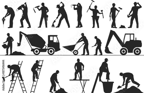 Construction worker silhouettes, black icons, tool usage, machinery, manual labor, site activity, hard hats, equipment operation, scaffolding, ladder climbing