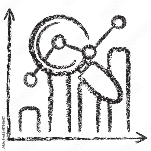 Vector icon of magnifying glass over bar chart. Dark brown textured charcoal sketch in a linear style on transparent background. Business analytics, data growth, and market research concept