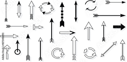 A diverse collection of arrow vector illustrations, featuring various directions, styles, and shapes suitable for navigation, user interface design, and infographic elements