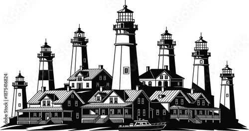 Coastal lighthouse and seaside village silhouette set, maritime harbor town architecture vector flat illustration collection