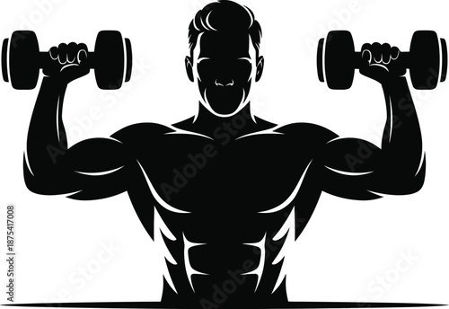Muscular silhouette of a bodybuilder powerfully lifts two heavy dumbbells overhead during an intense strength training session.