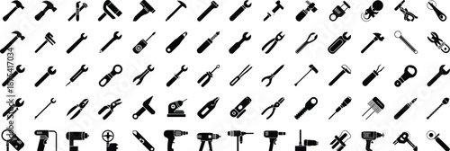 Hand and power tool silhouettes, black icons, construction tools, mechanical equipment, DIY gear, repair instruments, grid layout, hardware set