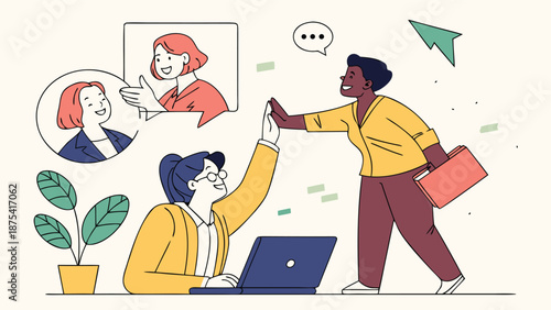 Digital Connection: Two coworkers high-five after completing a project, celebrating with team members on a video call. This illustration captures the modern synergy of teamwork in a digital age.