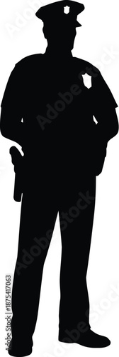 Officer silhouette stands authoritatively at attention wearing a standard uniform cap and badge insignia.