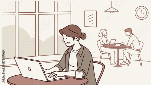 Cafe scene with Laptop: A person is absorbed in work at a cafe, working on a laptop, a cup of coffee at the ready. In the background other people are also working or chatting, cafe window in view.