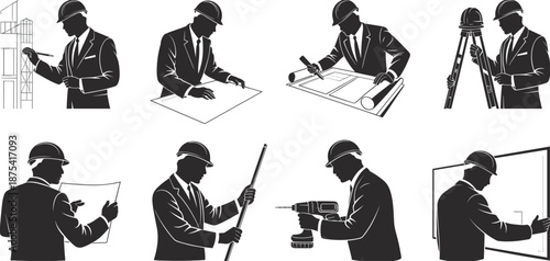 Engineering task silhouettes, hard hats, blueprint review, surveying, construction tools, architectural planning, black icons, professional roles, site activity, equipment use