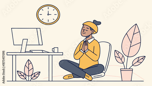 Workplace Meditation: A tranquil scene of an individual practicing meditation at a desk, a clock ticking in the background, promoting inner peace.