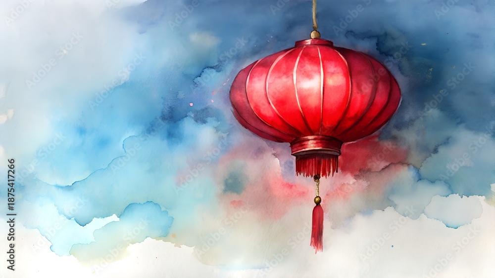 Obraz premium Red Lantern Hanging Against A Watercolor Sky With Clouds And Stars