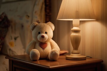 A teddy bear with a heart sits on a nightstand beside a lamp in a warmly lit bedroom