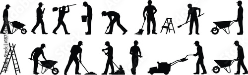 Manual labor silhouettes, black icons, construction workers, landscaping tasks, wheelbarrow, shoveling, sweeping, ladder climbing, tool usage, outdoor work