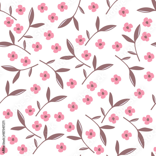 Seamless Floral Pattern with Pink Flowers and Leaves. Summer vibes, soft colors for textiles