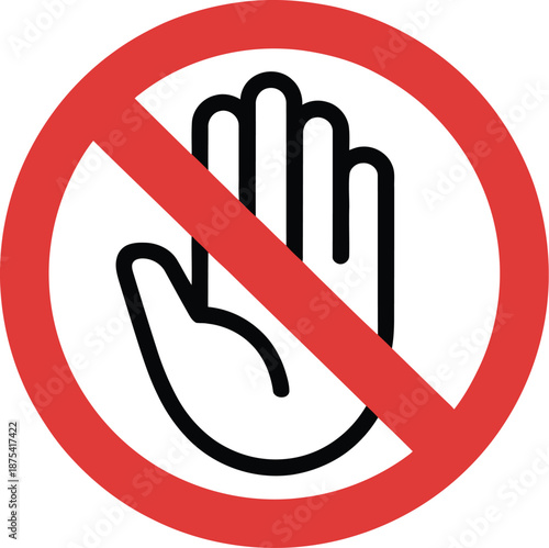 Prohibition sign featuring a stylized open hand inside a red circle with a diagonal slash indicating stop or do not enter.