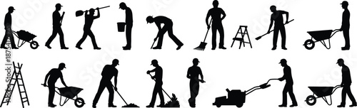 Manual labor silhouettes, black icons, outdoor work, wheelbarrow, shoveling, raking, sweeping, ladder climbing, bucket carrying, landscaping tasks, tools