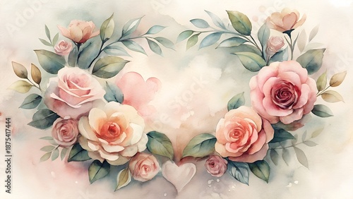 Soft Pastel Watercolor Floral Wreath Arrangement With Delicate Roses And Greenery Elegant Romantic Ambiance
