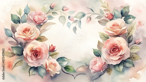 Soft Pink Rose Wreath Watercolor Floral Arrangement With Green Leaves And Buds