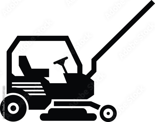 Ride-on lawn mower silhouette, black icon, cutting deck, rear wheels, handle bar, maintenance equipment, garden tool, landscaping, engine housing