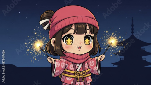 Chibi Girl with Sparklers at Pagoda Night