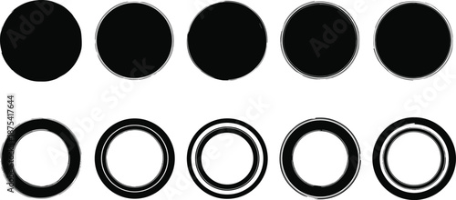 Abstract geometric collection of black circular shapes and progressive concentric ring patterns, ideal for minimalist graphic design, digital art, and modern visual concepts