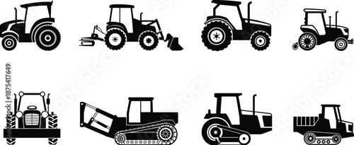 Tractor and construction vehicle silhouettes, black icons, bulldozer, dump truck, roller, loader, farm machinery, side view, equipment variety