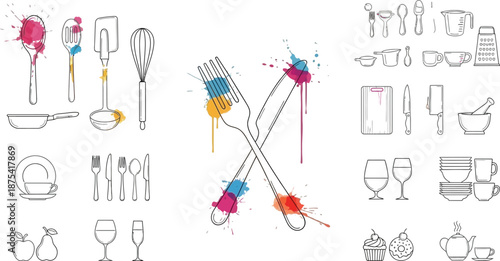 Collection of line art kitchen utensil and tableware icons featuring colorful watercolor paint splatters for a modern culinary design aesthetic