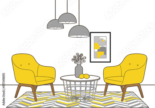 Modern living room interior vector illustration with yellow armchairs, pendant lights, coffee table, and geometric rug, clean flat design perfect for home decor concepts