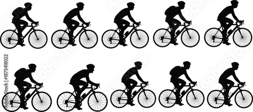 Cyclist silhouettes vector illustration, bicycle riders in profile view, cycling posture variations, commuter with backpack, sports activity design, urban lifestyle concept art