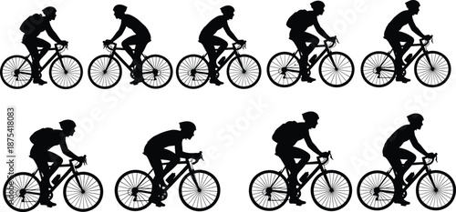Cyclists silhouettes, bicycle riders in motion, vector illustration of cycling postures, sports activity, fitness lifestyle, commuting, transportation, outdoor exercise, healthy living