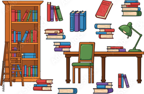 Study room library vector illustration with bookshelf, desk, chair, lamp, and stacked books, cozy cartoon style perfect for education, reading, and learning concepts