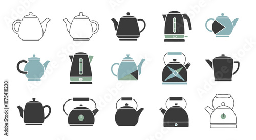 Collection of Various Kettle Illustrations and Icons.