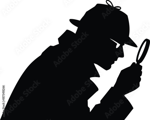 Silhouette of a classic detective wearing a trench coat and hat examines evidence closely through a magnifying glass.