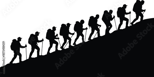 Silhouetted backpackers climb a steep incline one after another using hiking poles to symbolize difficult journey progression.