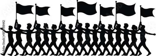 Row of protesters or marchers in silhouette carry dark flags together moving in unison during a demonstration for a cause.