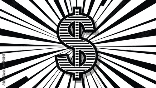 Dollar sign vector illustration, black and white striped money symbol, financial power concept, economic impact rays, commerce design, wealth business background