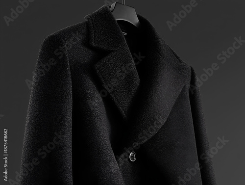 Minimalist luxury black wool coat on hanger on dark grey background, with dramatic studio lighting