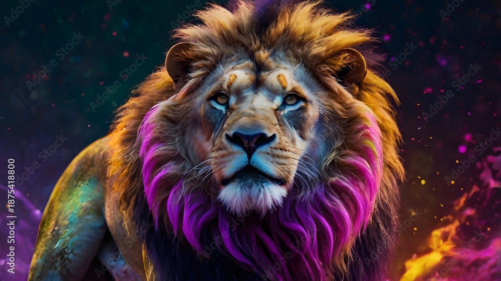 Fototapeta Colorful Neon Lion with Vibrant Mane in Cosmic Background