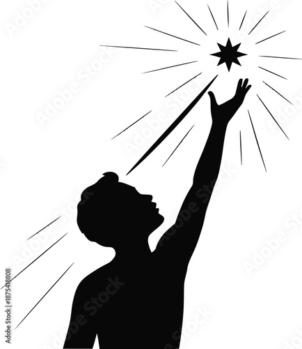 Silhouette of a person reaching upward toward a brilliant, radiating star symbolizing achievement, ambition, and aspiration for success.