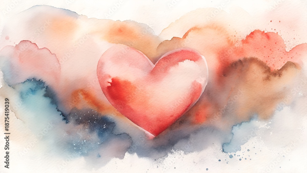 Fototapeta premium Red Watercolor Heart Surrounded by Soft Hues of Orange Blue and Brown Abstract Background
