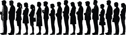 Diverse group of people standing in a horizontal line in silhouette format conveys community waiting and social organization.