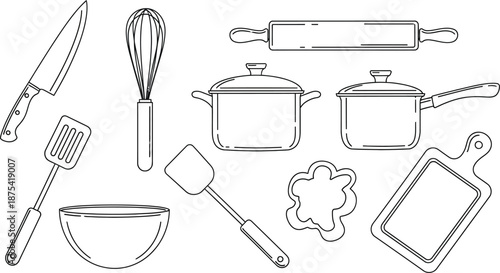 Collection of essential black line art kitchen utensils including knives pots whisks spatulas bowls rolling pins cutting boards and cookie cutters perfect for cooking themes