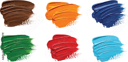 Collection of six brightly colored paint swatches, artistically arranged in two rows of three, showcasing vibrant hues for creative expression